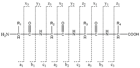 Types de fragmentation a, b, c et x, y, z